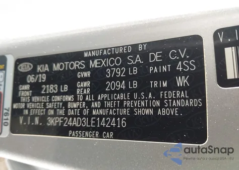 2020 Kia Forte Fe from USA, damaged, VIN 3KPF24AD3LE142416